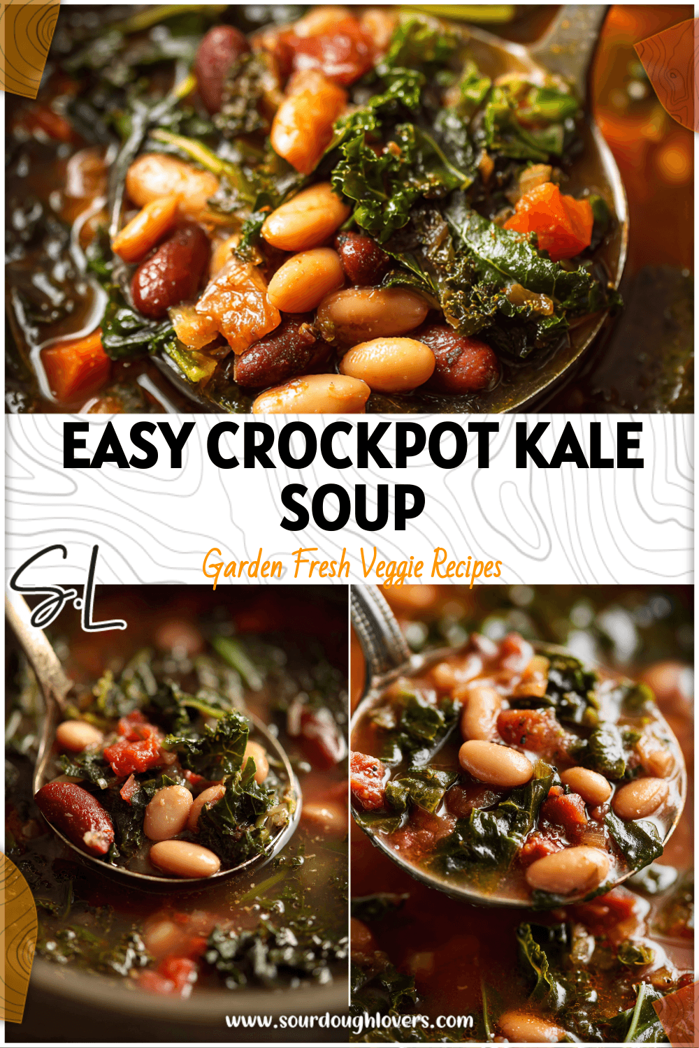 Close-up of a slow cooker filled with Kale Soup Crockpot recipe of beans and chopped kale.